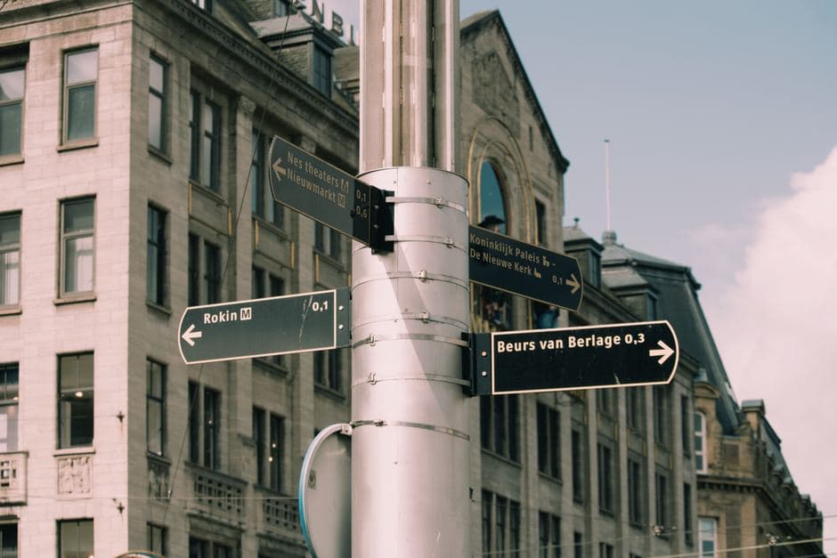 Zwarte wegwijzers aan een metalen paal in een stadsstraat met historische gebouwen op de achtergrond.