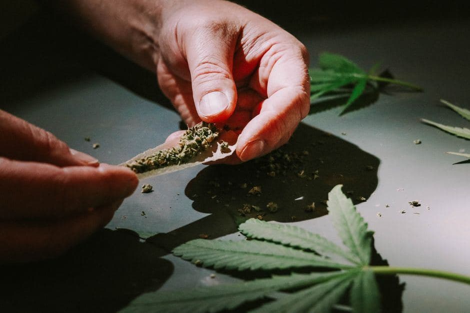 Handen draaien zorgvuldig een joint met cannabis op een tafel vol wietbladeren voor het blowen.