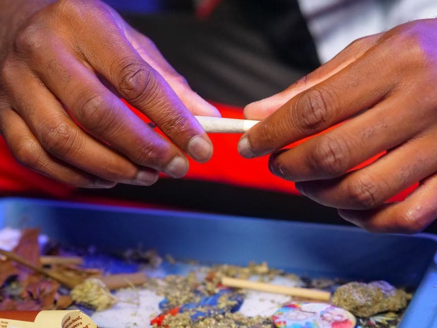 Handen die een jonko rollen boven een blauwe tray met cannabis en filters.