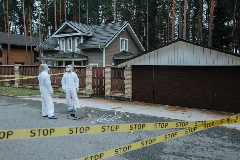 Forensisch onderzoekers in witte pakken doen onderzoek bij een krijtomtrek achter afzetlint voor een woning.
