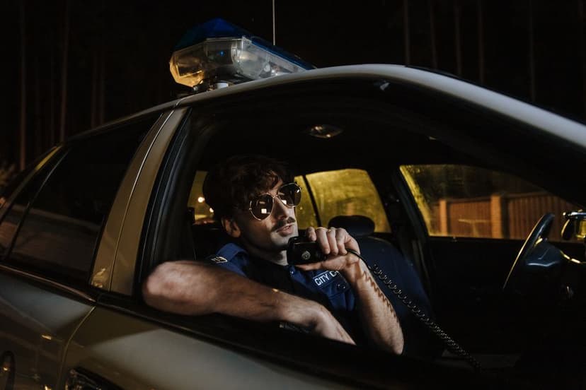 Een politieagent zit 's nachts in zijn patrouillewagen en spreekt in een mobilofoon tijdens een controle.
