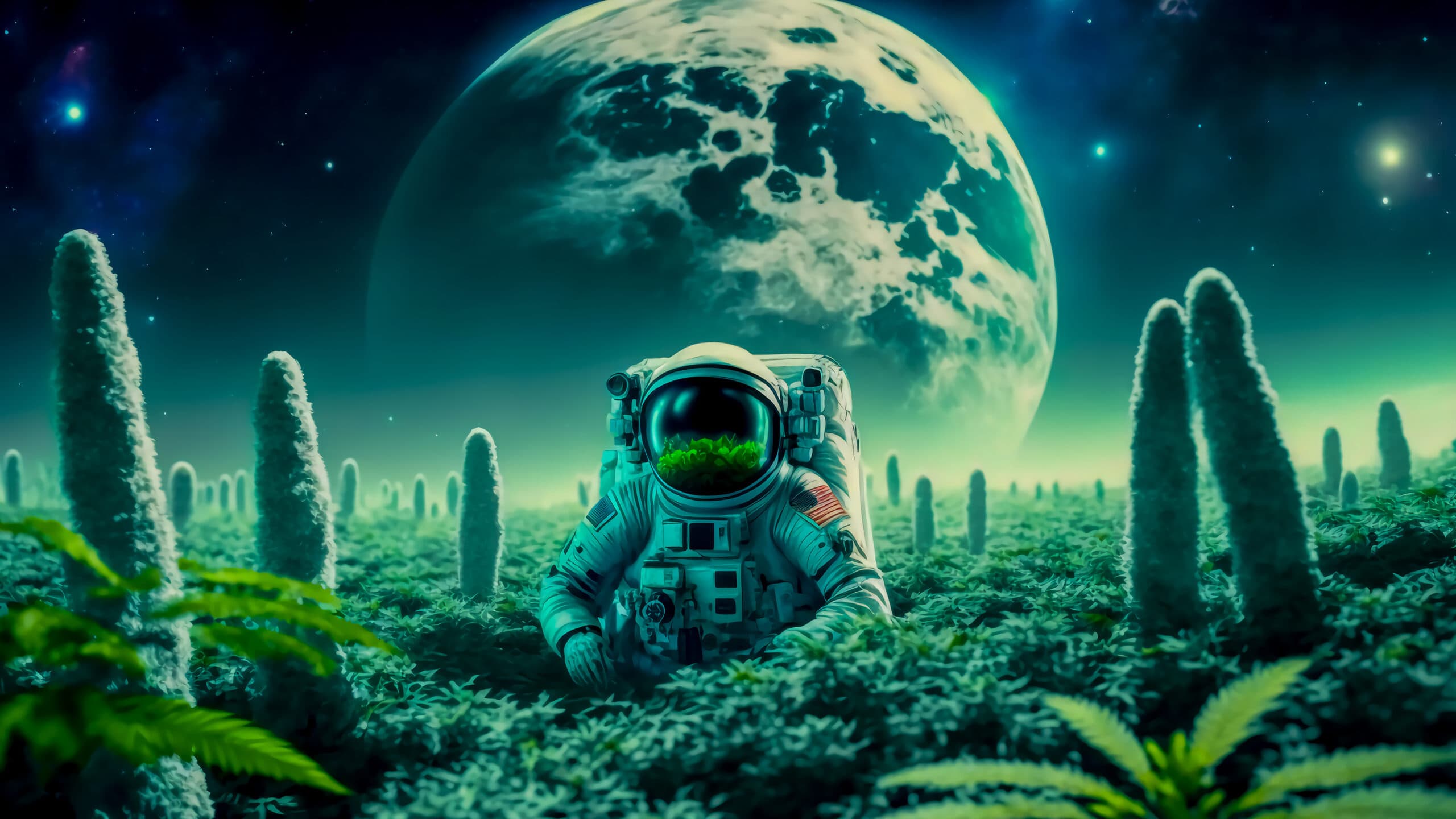 Astronaut tussen wietplanten op een andere planeet, de sfeer van onze wiet spelletjes